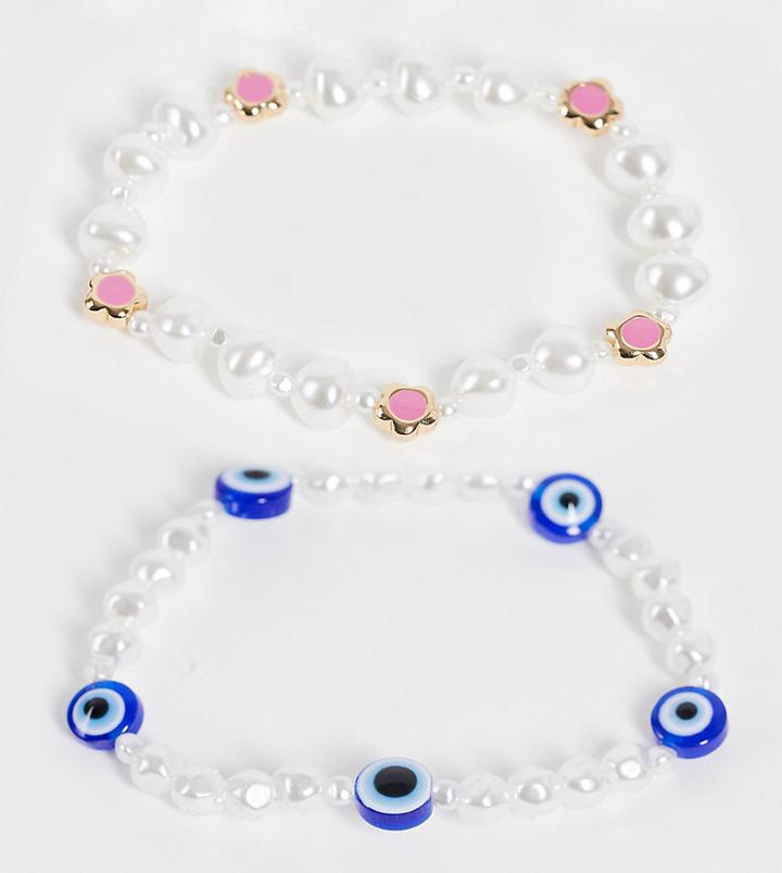 Reclaimed Vintage Inspired 90s Bracelets In Floral Bead And Faux Pearl 2 Pack-multi