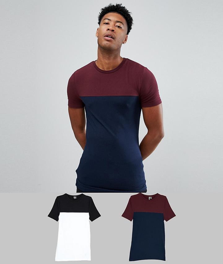 Asos Design Tall Muscle Fit T-shirt With Contrast Yoke 2 Pack Save - Multi