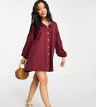 Asos Design Petite Button Through Mini Smock Dress With Long Sleeves In Burgundy-red