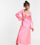 Asos Design Petite Cutout Satin Midi Tea Dress In Hot Pink