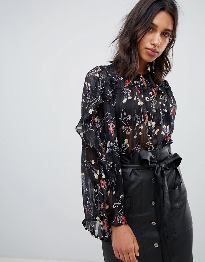 Sabina Musayev Printed Blouse With Ruffle Sleeve - Black