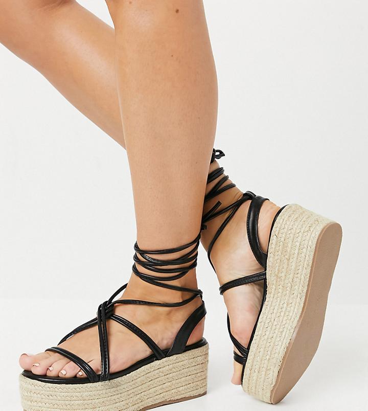 Glamorous Wide Fit Flatform Espadrille Sandals In Black