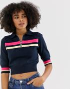 Asos Design Stripe Knitted Polo Top With Zip Detail-multi