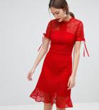 Chi Chi London Tall All Over Lace Midi Dress With High Neck And Short Sleeve - Red