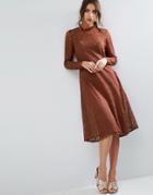 Asos Lace Midi Dress With Neck Detail - Brown