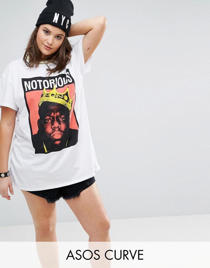 Asos Curve T-shirt In Super Oversized Fit With Notorious Big Print And Tipping - White