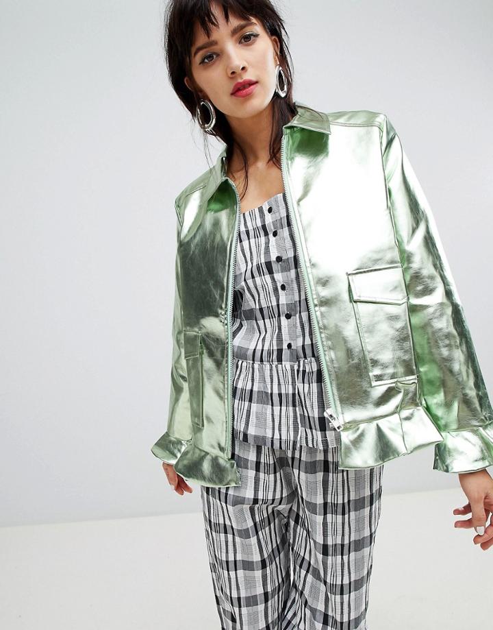 Resume Francy Metallic Pu Frill Trucker Jacket-green