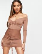 Flounce London Ruched Bardot Body-conscious Mini Dress In Light Brown