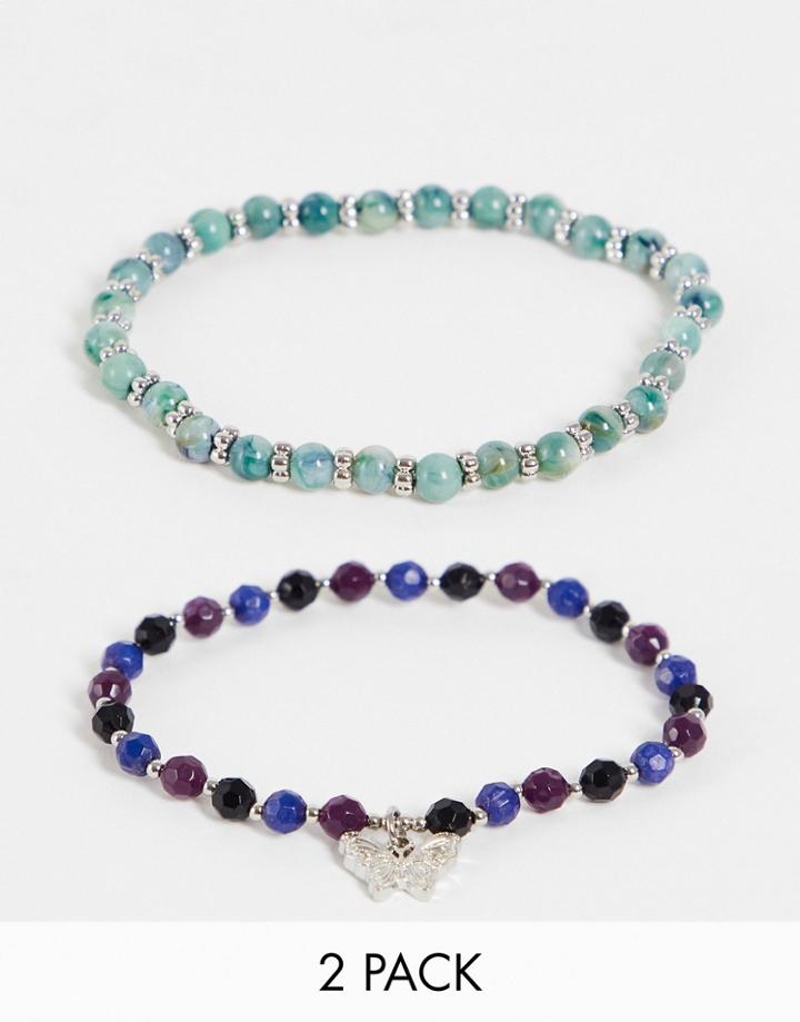 Reclaimed Vintage Inspired Unisex Bracelets With Butterfly Charm In Green And Purple-multi