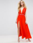 Asos Deep Plunge Embellished Waist Maxi Dress - Red