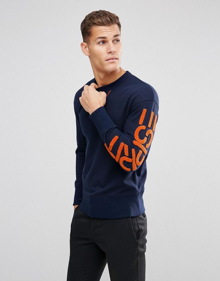 Esprit Recycled Sweat With Contrast Branded Sleeve - Navy