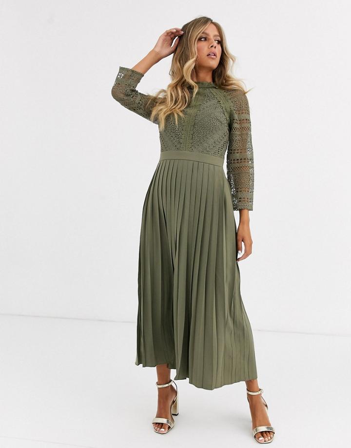 Little Mistress Lace Detail Midaxi Dress In Khaki
