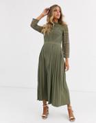 Little Mistress Lace Detail Midaxi Dress In Khaki