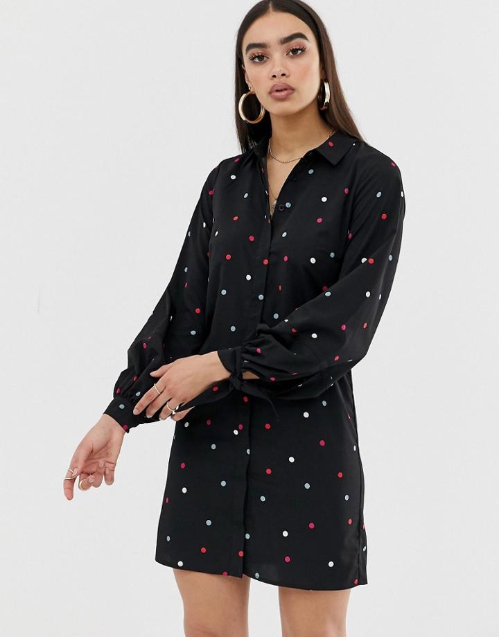 Fashion Union Shirt Dress With Tie Sleeves In Multi Spot - Multi