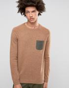 Asos Lambswool Rich Sweater With Contrast Woven Pocket - Brown