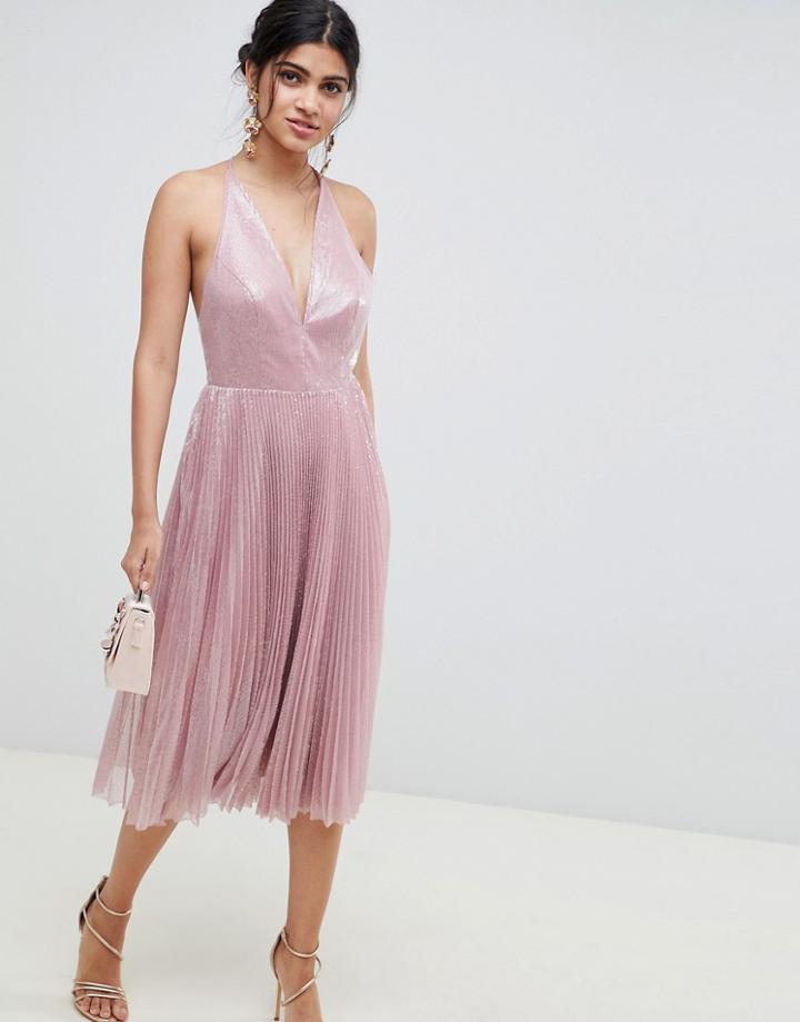 Asos Design Midi Dress In Pleated Sequin - Beige