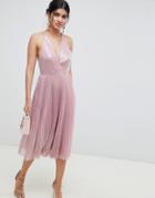 Asos Design Midi Dress In Pleated Sequin - Beige