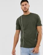 River Island T-shirt In Khaki With White Piping-green