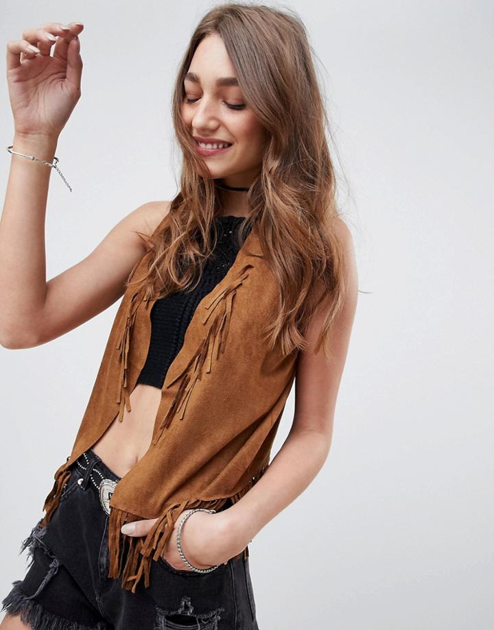 Qed London Faux Suede Festival Fringe Vest - Tan