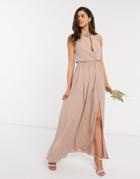 Little Mistress Bridesmaid Hand-embellished Halter Maxi Dress In Mink-pink