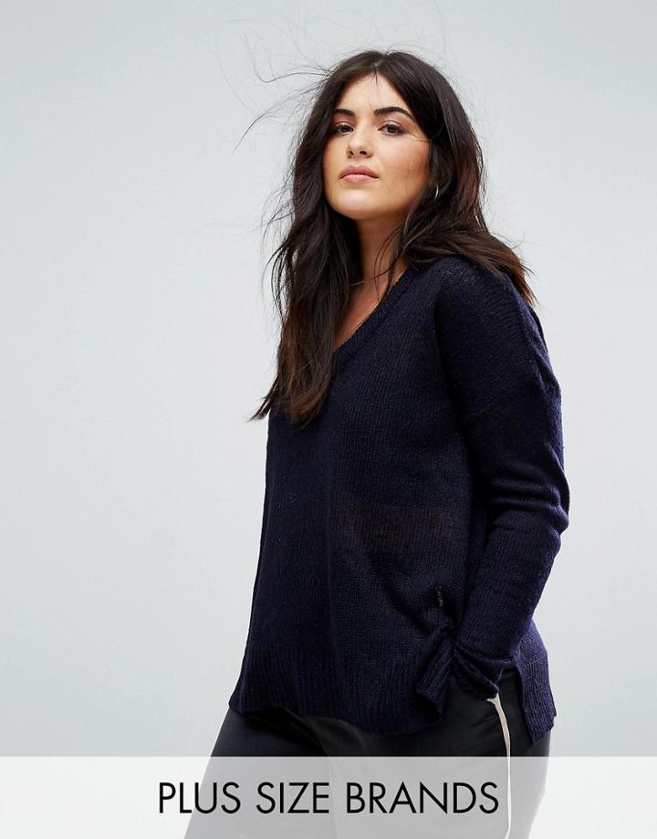 Brave Soul Plus V Neck Boyfriend Sweater - Navy