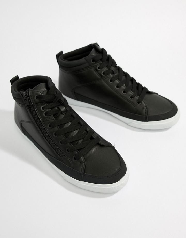 Pull & Bear High Top Sneaker In Black - Black