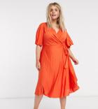 Asos Design Curve Exclusive Kimono Sleeve Pleated Wrap Midi Dress With Tie Waist In Red-navy