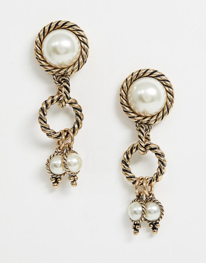 Asos Design Earrings With Vintage Twist Detail And Pearl Drops In Gold - Gold