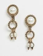 Asos Design Earrings With Vintage Twist Detail And Pearl Drops In Gold - Gold