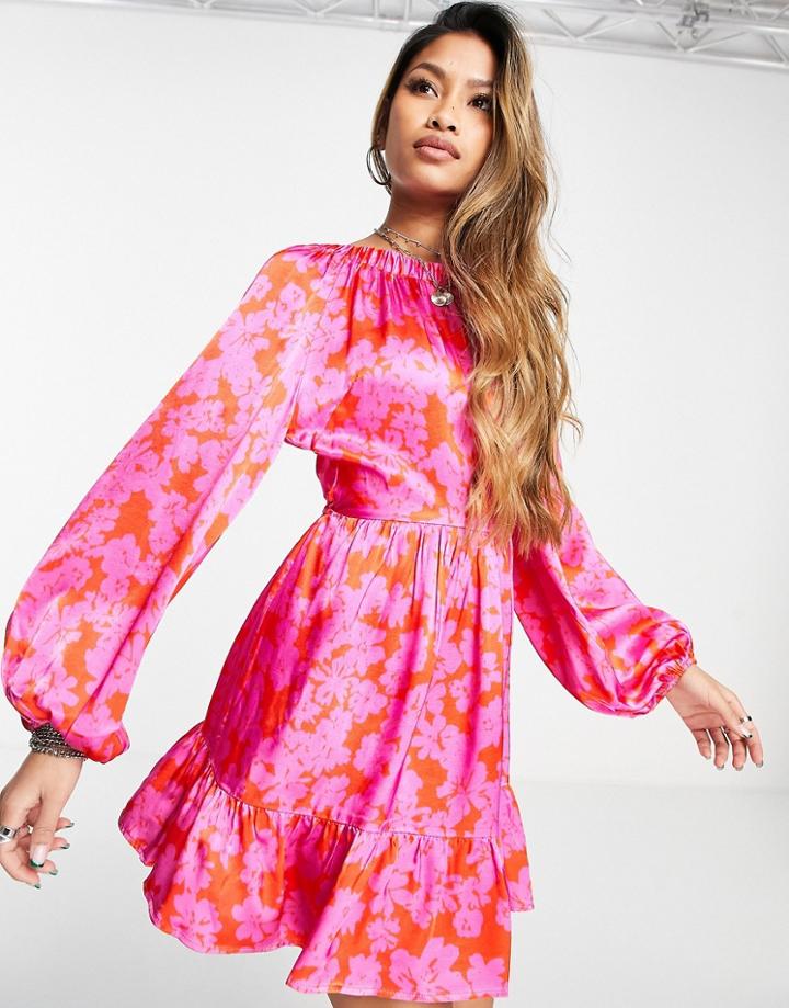 Topshop Satin Elastic Back Occasion Mini Dress In Pink And Red