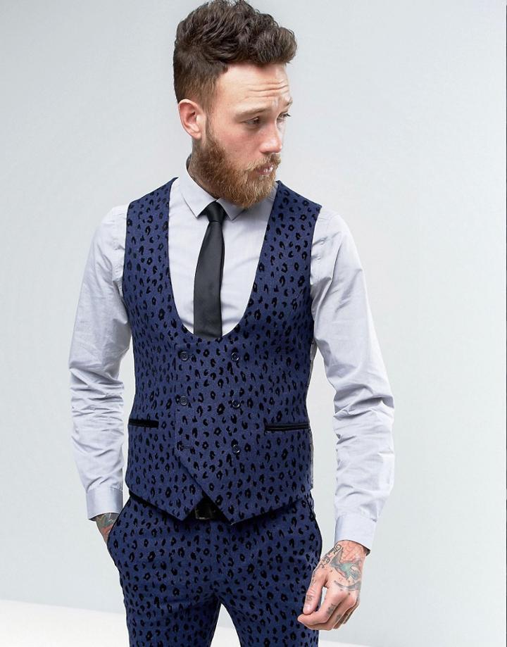 Noose & Monkey Super Skinny Vest With Leopard Flocking - Blue