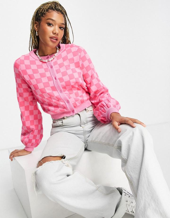 Daisy Street Boxy Cropped Cardigan In Pink Checkerboard Knit