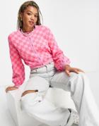 Daisy Street Boxy Cropped Cardigan In Pink Checkerboard Knit