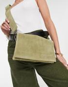 Asos Design Suede Multi Gusset Cross Body Bag With Wide Strap In Khaki-green