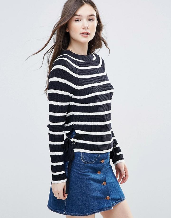 Brave Soul Stripe Eyelet Sweater - Navy