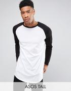 Asos Tall Super Longline Long Sleeve T-shirt With Contrast Raglan And Curve Hem - White