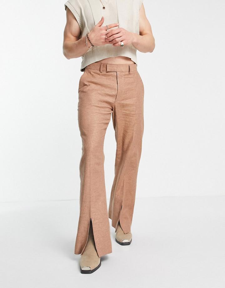 Asos Design Smart Linen Mix Flared Pants In Brown Fine Stripe