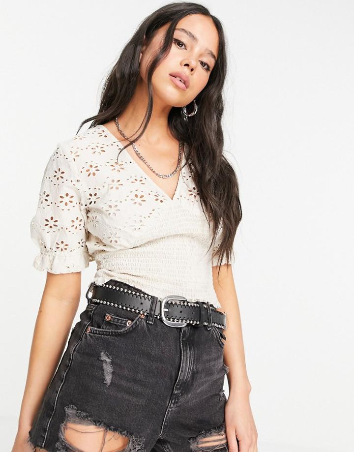 Only Broderie Top With Shirring In Stone-neutral