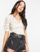 Only Broderie Top With Shirring In Stone-neutral