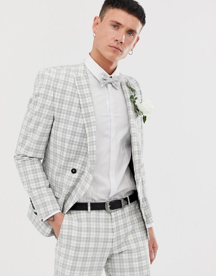 Twisted Tailor Super Skinny Suit Jacket In Gray Seersucker Check