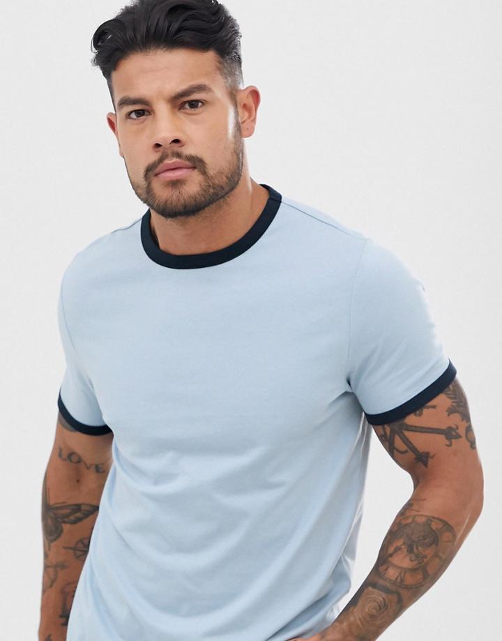 Asos Design Organic T-shirt In Blue With Navy Contrast Ringer - Blue