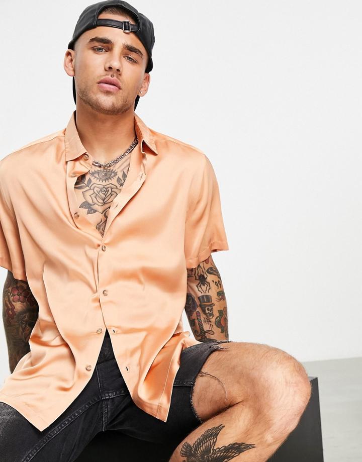 Asos Design Relaxed Satin Shirt In Peach - Bpink