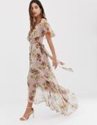 Asos Design Maxi Dress With Cape Back And Dipped Hem In Light Floral Print - Multi