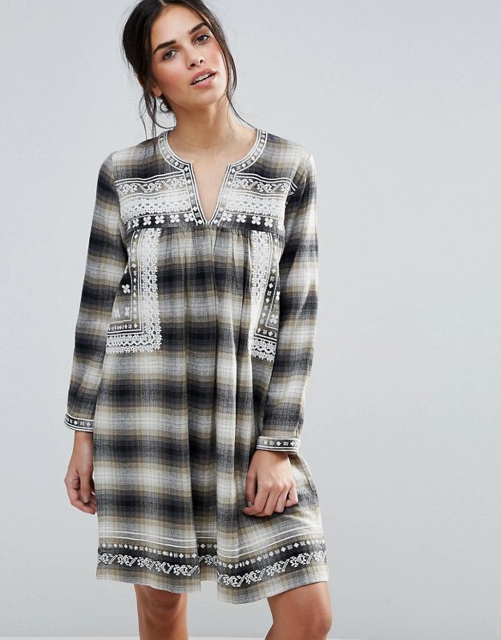 D.ra Shia Checked Dress With Embroidered Yoke - Brown