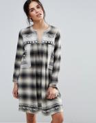 D.ra Shia Checked Dress With Embroidered Yoke - Brown