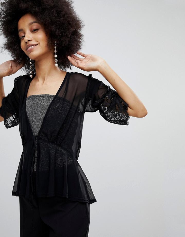 New Look Lace Detail Tie Front Top - Black