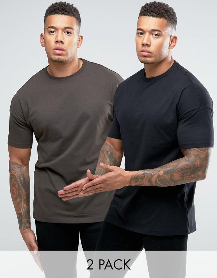 Asos 2 Pack Oversized Longline T-shirt In Black/khaki Save - Multi