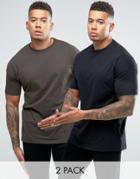 Asos 2 Pack Oversized Longline T-shirt In Black/khaki Save - Multi