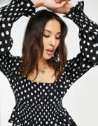 Topshop Shirred Waist Polka Dot Blouse In Monochrome-black