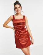 Asos Design Bonded Satin Drape Mini Dress In Rust-multi